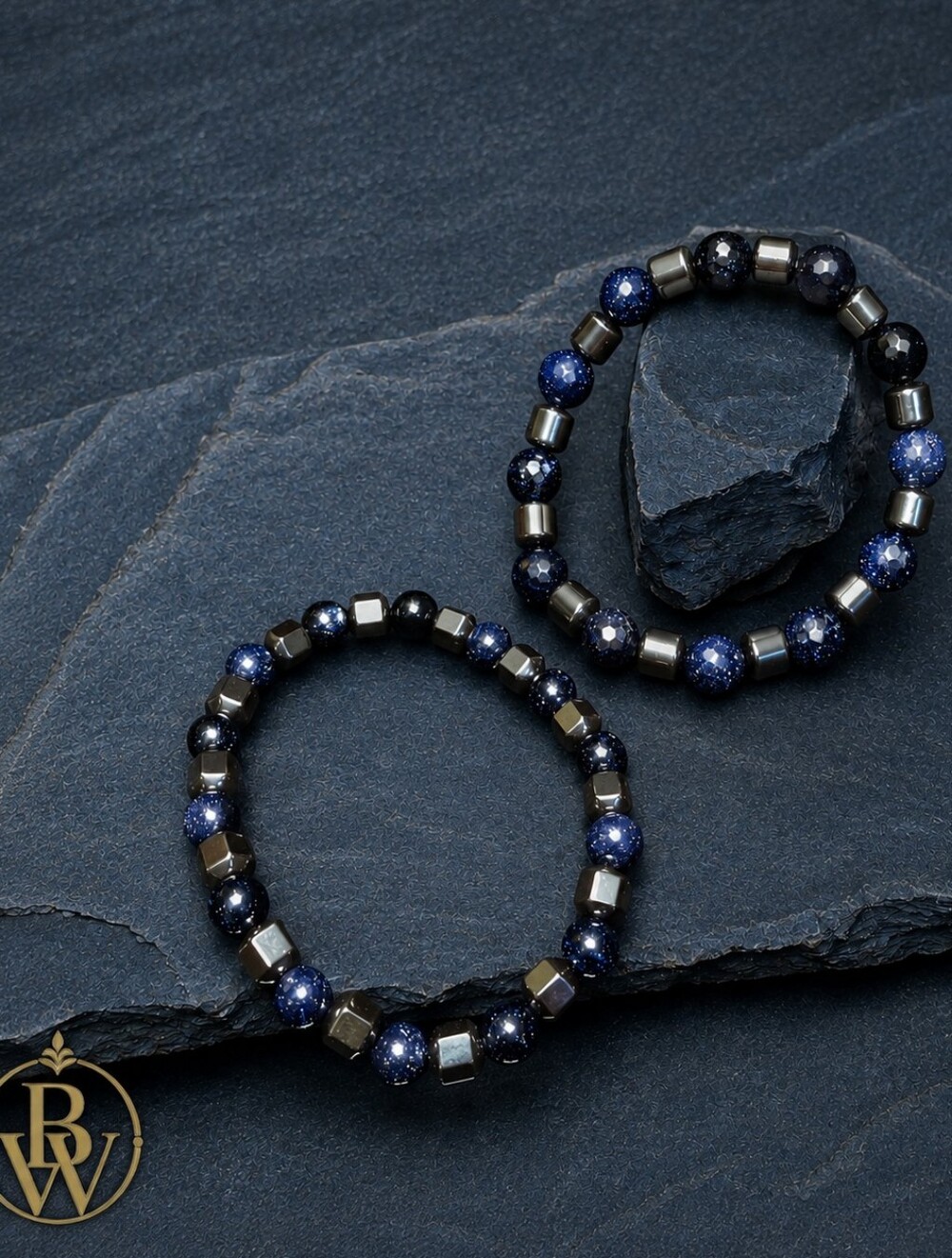Blue Sandstone and Hematite Stretch Bracelet Set